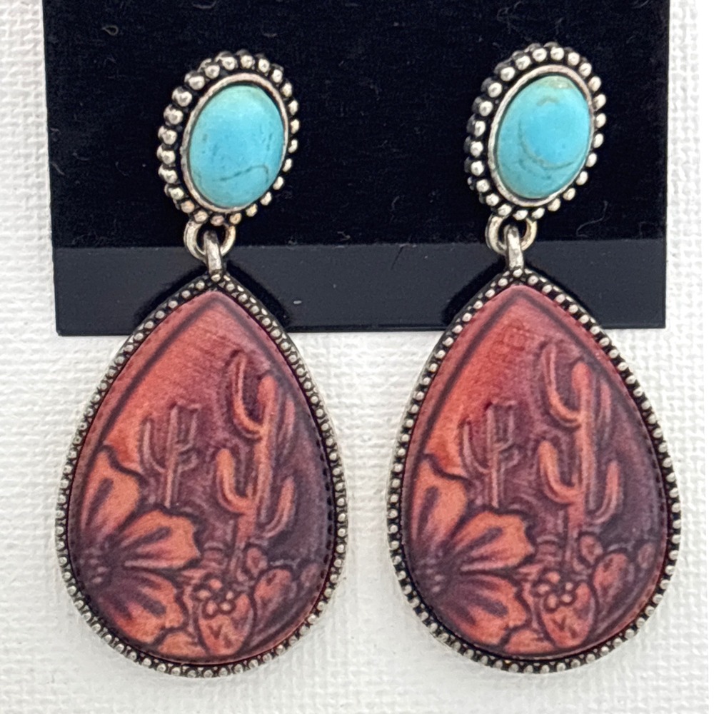 Earrings Tooled Leather Turquoise Silver Post Western Desert Boho Style New
